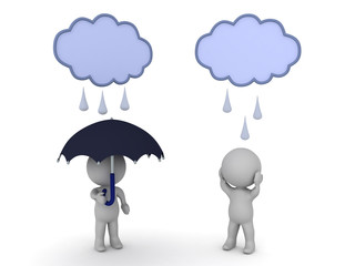 Two 3D Characters standing under the rain, one of them has umbrella