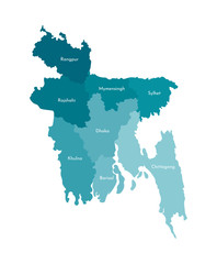 Vector isolated illustration of simplified administrative map of Bangladesh. Borders and names of the regions. Colorful blue khaki silhouettes.