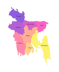 Vector isolated illustration of simplified administrative map of Bangladesh. Borders and names of the regions. Multi colored silhouettes