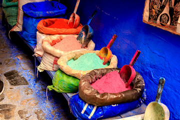 Bags with powder for paint, Chefchaouen. Morocco