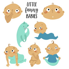 Babies collection, different poses and emotions and cat