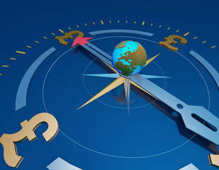 Compass and currency symbols, financial economic development goals and plans,pound