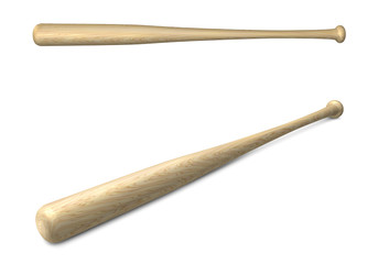 Two old fashioned wooden baseball bats on a white background. Clipping paths are included.
