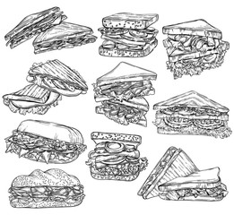 set of hand drawn doodles sandwich