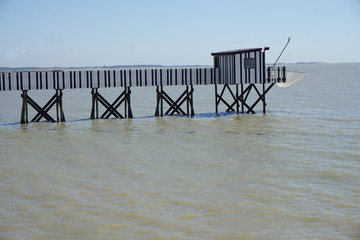 Fototapeta na wymiar old fashion pier and fishing hut on the sea