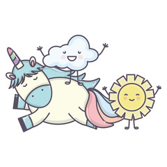 cute adorable unicorn and clouds and sun kawaii characters