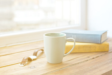 Workspace empty space and coffee mug, pencil, plant, tablet, headphone with office space
