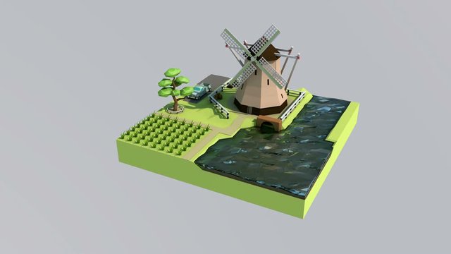 3d animation. low poly Dutch mill on the river Bank