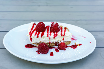 Homemade delicious creamy slice of raspberry cheesecake , Scotland