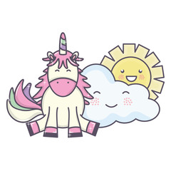 cute adorable unicorn and clouds and sun kawaii characters