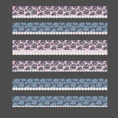 Pearl and black lace border for wedding invitation, greeting card, and other designs. Vector set isolated on gray background.