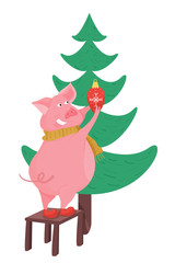 New Year greeting card with funny pig. Cute pig with Christmas tree and ball. Symbol of 2019 on the Chinese calendar. Vector illustration.