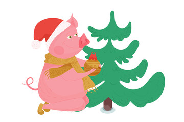 New Year greeting card with funny pig. Cute pig with Christmas tree and ball. Symbol of 2019 on the Chinese calendar. Vector illustration.