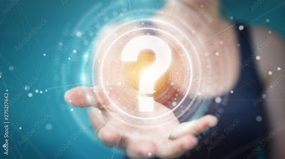 Poster businesswoman using question marks digital interface 3d rendering