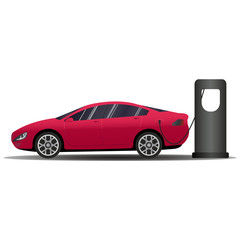 Red Hot European Style Sports-Car. Vector banner with electric car and charging station. Vector illustration comparing electric versus gasoline car suv. Electric car charging at charger station vs