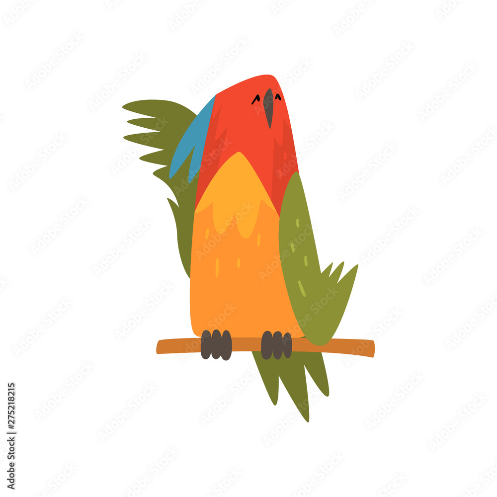 Poster cute bird napping on while sitting on perch, funny birdie cartoon character with bright colorful fea