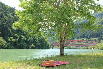 秘境のような美しい川と緑と赤い橋