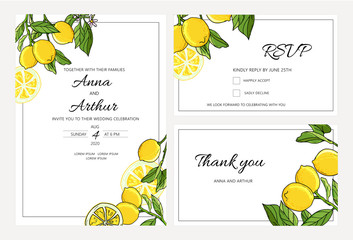 Set of Botanical Wedding lemon tree invitations with lemon and leaves.