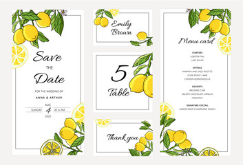 Set of Botanical Wedding lemon tree invitations with lemon and leaves.