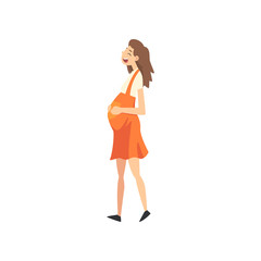 Happy Smiling Pregnant Woman in Red Dress Walking Vector Illustration