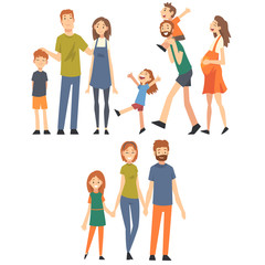 Fototapeta premium Happy Family with Children Set, Mothers, Fathers and Their Kids Spending Good Time Together Cartoon Vector Illustration