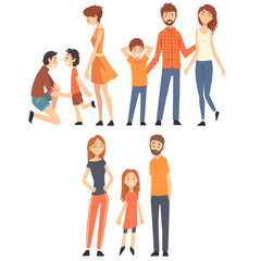 Happy Family with Children Set, Smiling Mothers, Fathers and Their Kids Spending Good Time Together Cartoon Vector Illustration