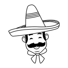 mexican man face avatar icon cartoon in black and white