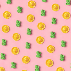 Sombrero and cactus pattern on pink background. Creative mexican tradition concept.