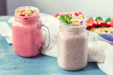 smoothie with granola for healthy breakfast. Selective focus