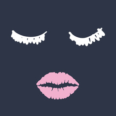 Eyelashes and lips. Beauty woman face with pink lips. Make up concept. Design for Beauty Logo, icon for salon, poster, pillow, typography. Vector illustration