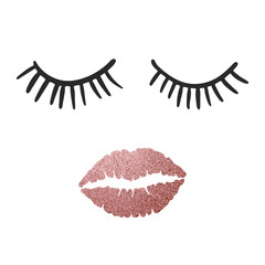 Eyelashes and lips. Beauty woman face with pink shiny lips. Luxury Make up concept. Design for Beauty Logo, icon for salon, poster, pillow, typography. Vector illustration