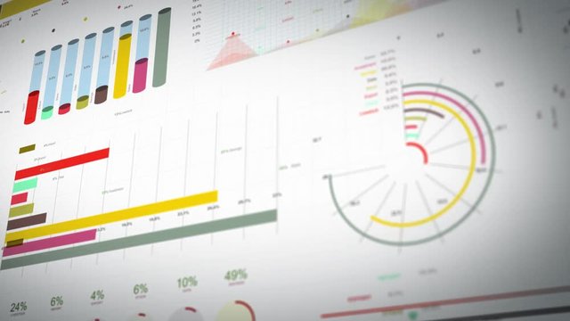 Business Statistics, Market Data And Infographics Layout/ 4k animation of a set of design business and market data analysis and reports, with infographics, bar stats, charts and diagrams