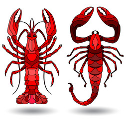 Set of illustrations in stained glass style with red Scorpion and crayfish , isolated on white background