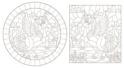 Fototapeta premium Illustration in stained glass style with unicorns on landscape background , oval picture in bright frame