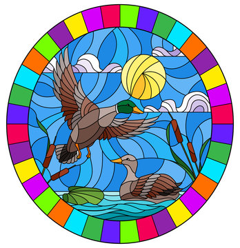 Illustration in stained glass style with ducks on a pond in the reeds against the cloudy sky and the sun, oval image in bright frame 