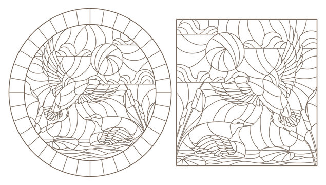 A set of contour illustrations of stained glass Windows with ducks on the background of the pond and the sky , dark contours on a white background