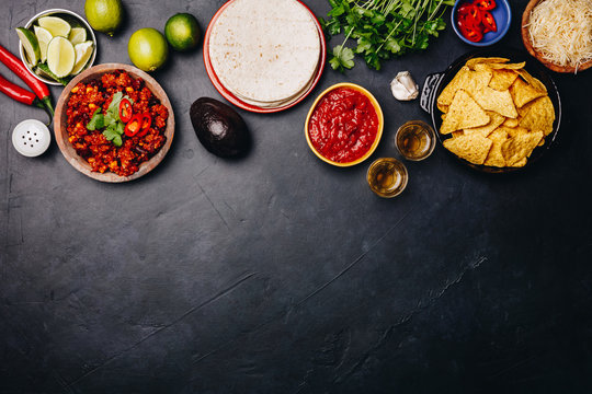 Concept of Mexican food, flat lay, dark background