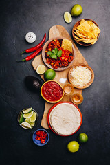 Concept of Mexican food, flat lay, dark background