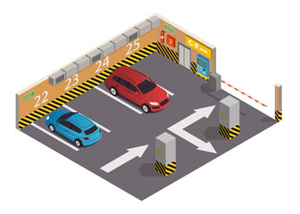 Vector isometric underground cars parking garage with empty parking space, fire shield and elevator door - 275221242