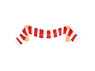Striped fan scarf in hand. Vector illustration on white background.
