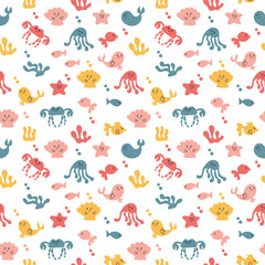 Doodle seamless background with fish, octopuses, crabs, starfish, dolphins, whales. Vector illustration. Kawaii characters. Bright color. On white background.
