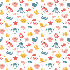 Doodle seamless background with fish, octopuses, crabs, starfish, dolphins, whales. Vector illustration. Kawaii characters. Bright color. On white background.