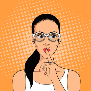  Girl in glasses asking for silence with the finger on her lips. Girl says shh. Comics style. Vector illustration.