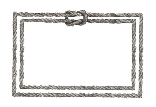 Watercolor painting of Gray rope frame with knots. Isolated on white background. Nautical style.