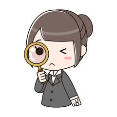 虫眼鏡を覗き込むスーツの女性