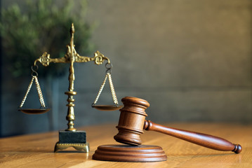 Lawyers office concept on rustic wooden table.