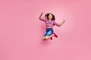 Full length body size view photo of charming friendly girl make v-signs dream dreamy carefree...