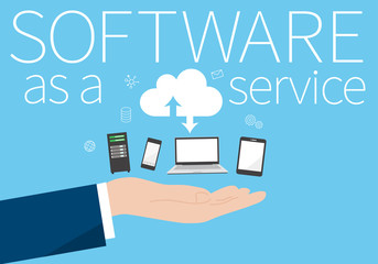 SaaS（サース）、software as a service、デバイスと手のイメージ、ベクターイラストレーション