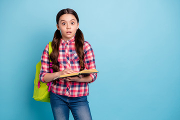 Portrait of her she nice attractive lovely smart clever amazed girl wearing checked shirt learning...