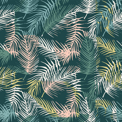 Fototapeta na wymiar Abstract creative seamless pattern with tropical plants and artistic background.